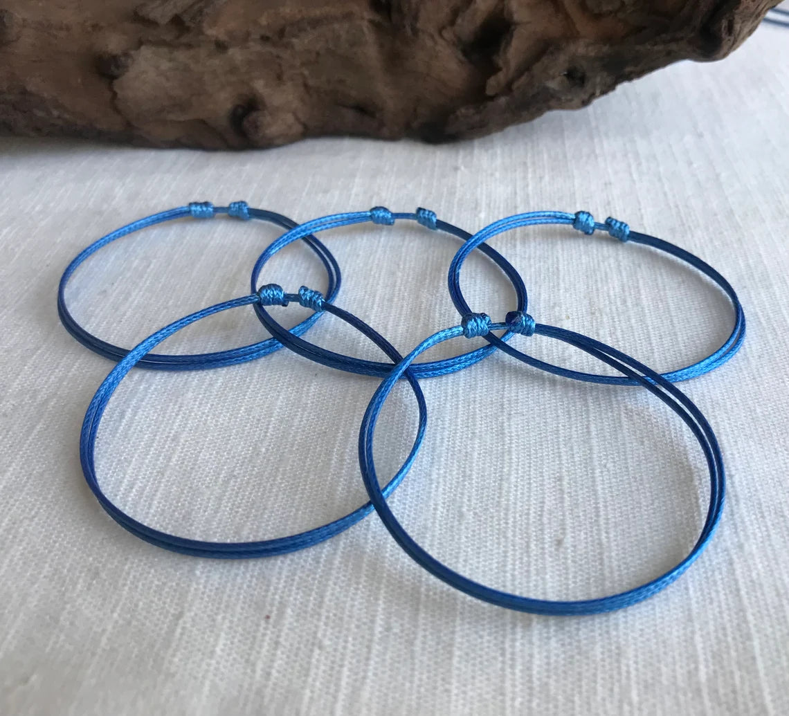 Ocean Blue 1mm Water Resistant Waxed Cord Adjustable Bracelet or Anklet Set Unisex Friendship Couple's