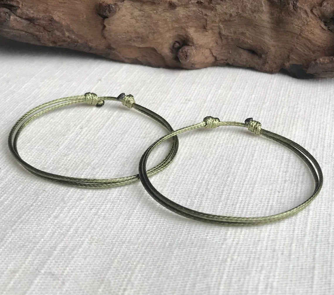 Olive Green 1mm Water Resistant Waxed Cord Adjustable Bracelet or Anklet Set Unisex Friendship Couple's