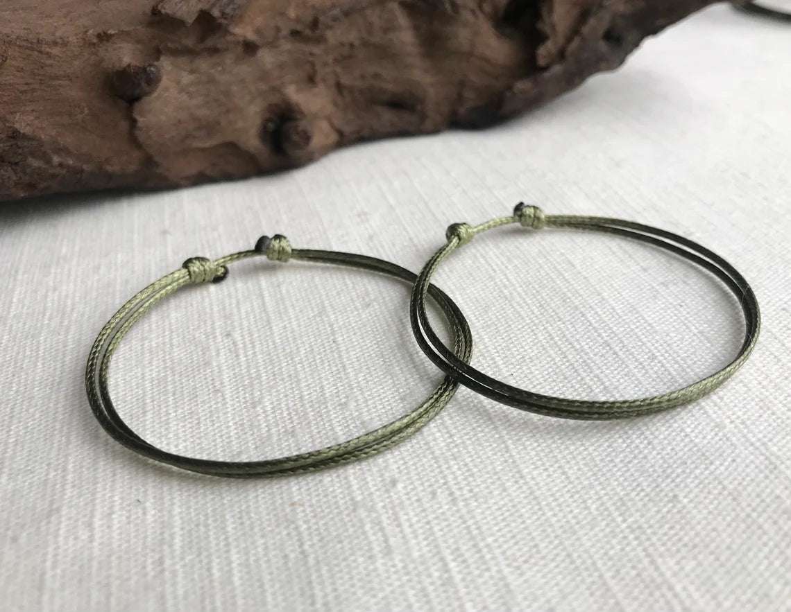 Olive Green 1mm Water Resistant Waxed Cord Adjustable Bracelet or Anklet Set Unisex Friendship Couple's