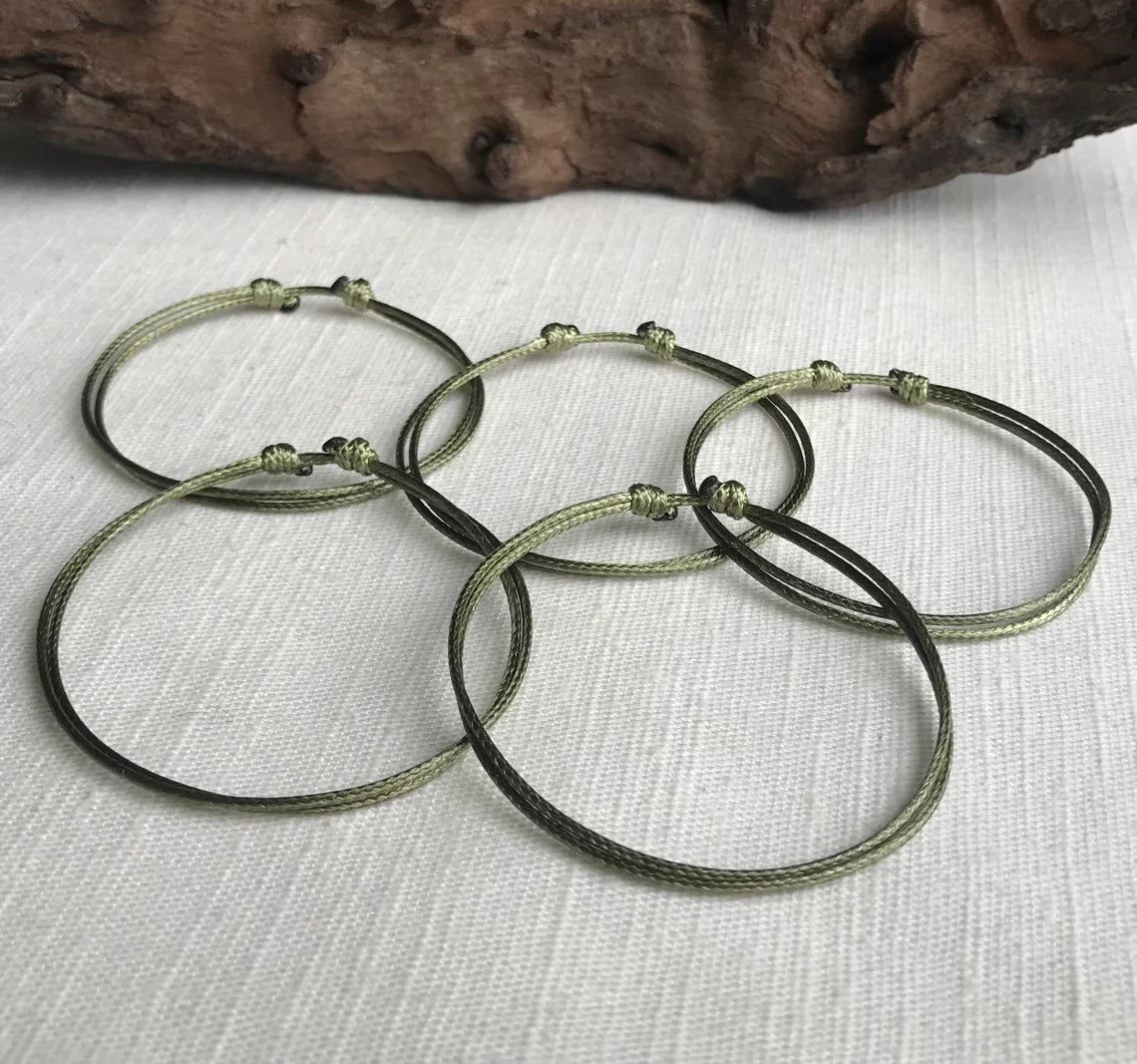 Olive Green 1mm Water Resistant Waxed Cord Adjustable Bracelet or Anklet Set Unisex Friendship Couple's