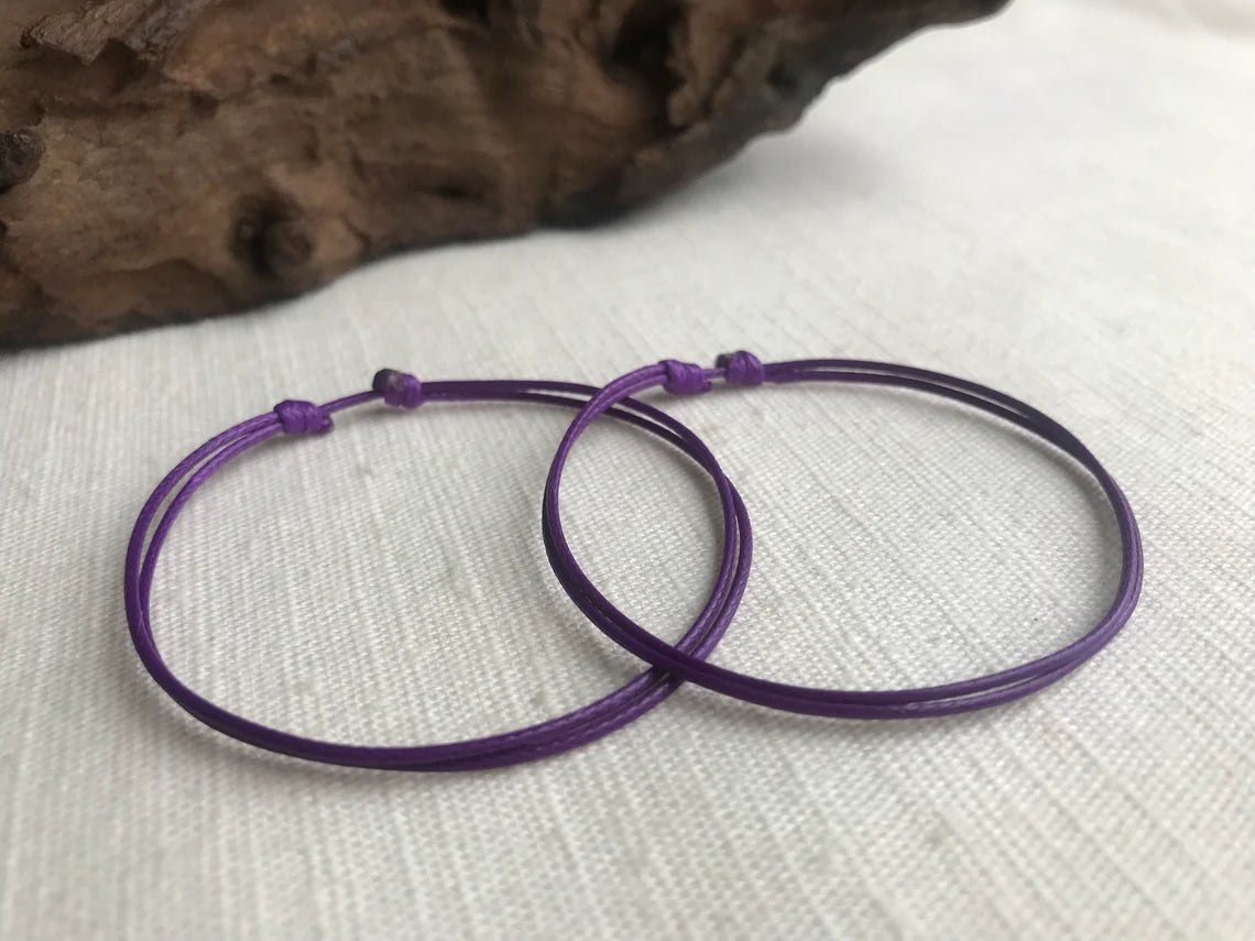 Purple 1mm Water Resistant Waxed Cord Adjustable Bracelet or Anklet Set Unisex Friendship Couple's