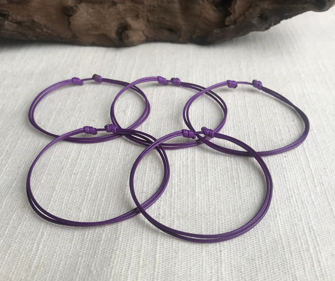 Purple 1mm Water Resistant Waxed Cord Adjustable Bracelet or Anklet Set Unisex Friendship Couple's