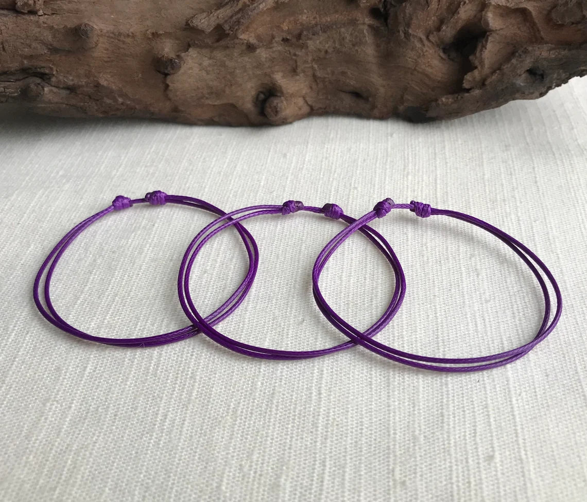 Purple 1mm Water Resistant Waxed Cord Adjustable Bracelet or Anklet Set Unisex Friendship Couple's