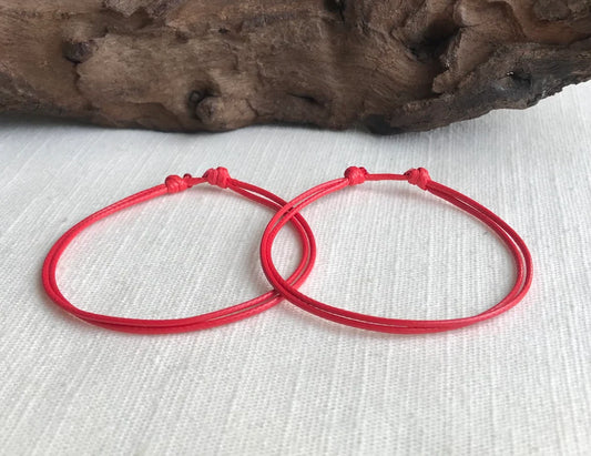 Red 1mm Water Resistant Waxed Cord Adjustable Bracelet or Anklet Set Unisex Friendship Couple's