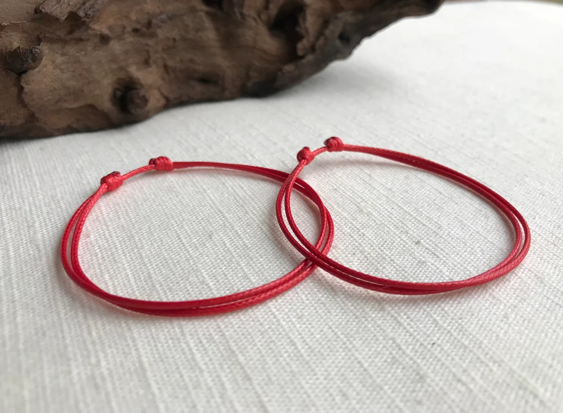 Red 1mm Water Resistant Waxed Cord Adjustable Bracelet or Anklet Set Unisex Friendship Couple's