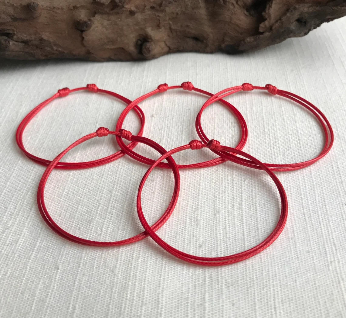 Red 1mm Water Resistant Waxed Cord Adjustable Bracelet or Anklet Set Unisex Friendship Couple's