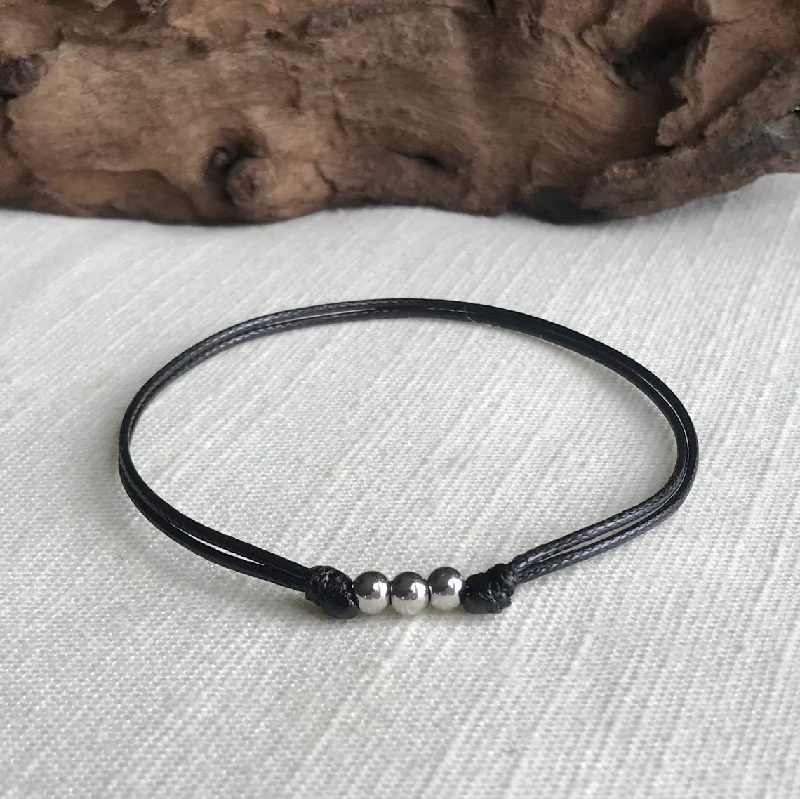 Small Stainless Steel Bead 1mm Black Waterproof Adjustable Cord Bracelet or Anklet Unisex