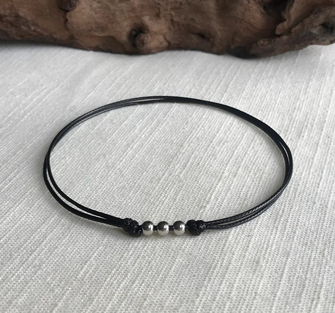 Small Stainless Steel Bead 1mm Black Waterproof Adjustable Cord Bracelet or Anklet Unisex