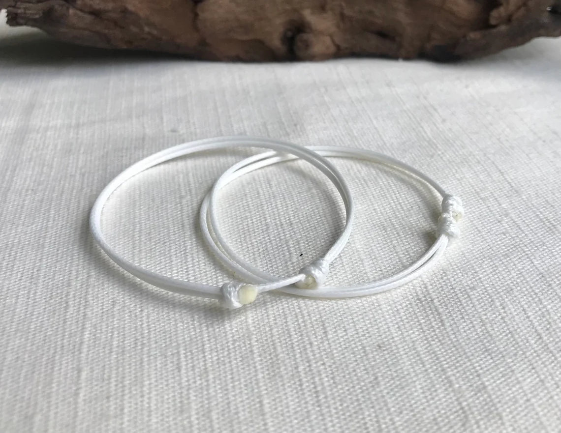 White 1mm Waterproof Waxed Cord Adjustable Bracelet or Anklet Set Unisex Friendship Couple's